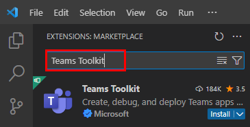 Screenshot show the Teams Toolkit listed in the search result.